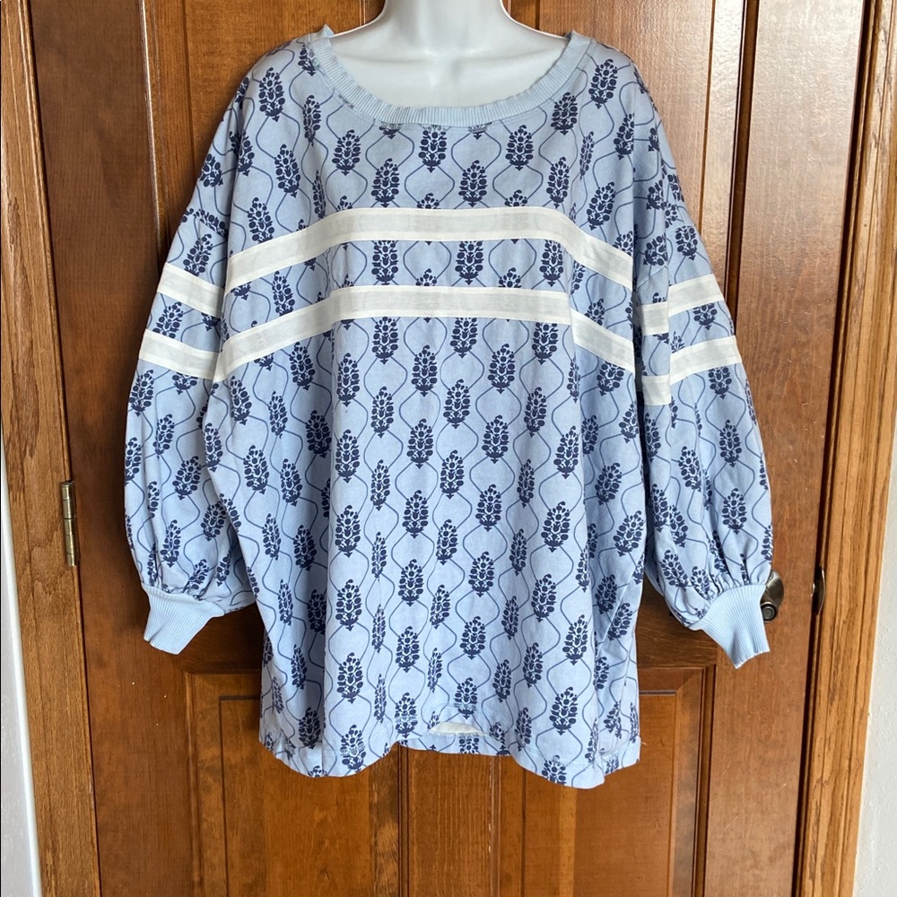 FP Movement by Free People Light Blue and White Printed Off-Shoulder Sweatshirt